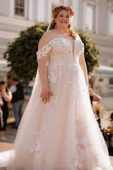 Off the Shoulder Plus Size Lace  A-line Wedding Dresses