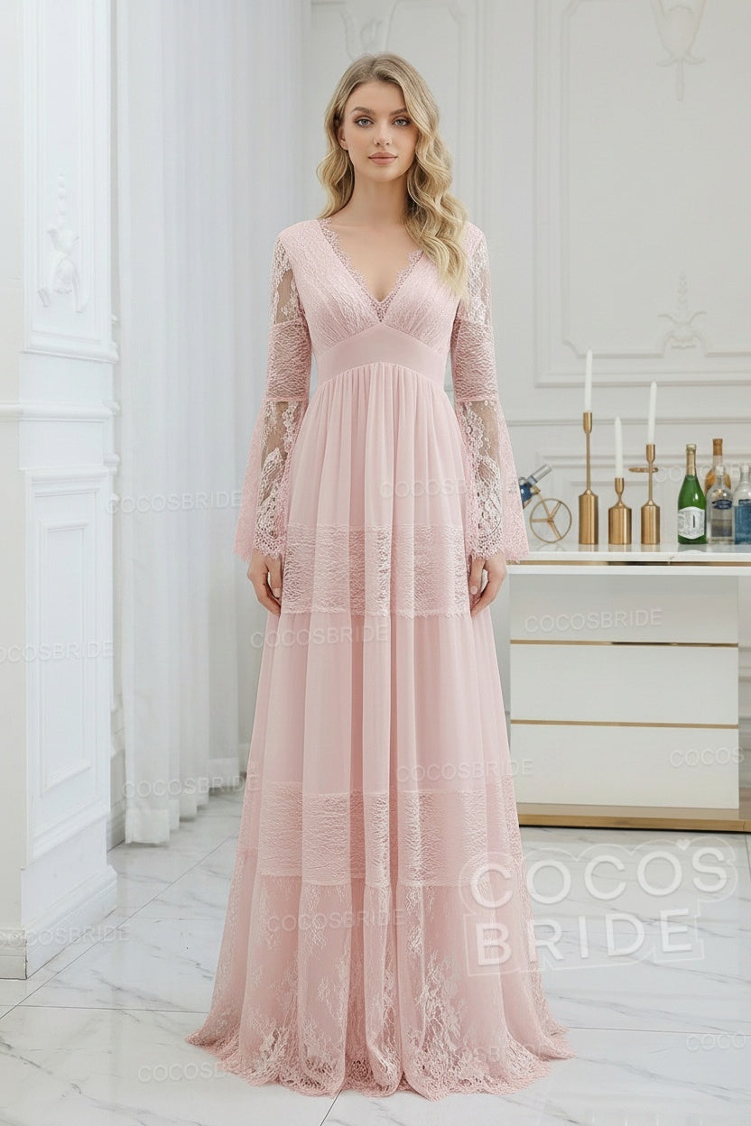 Elegant Long Sleeves A-line V-Neck Tulle Wedding Dresses
