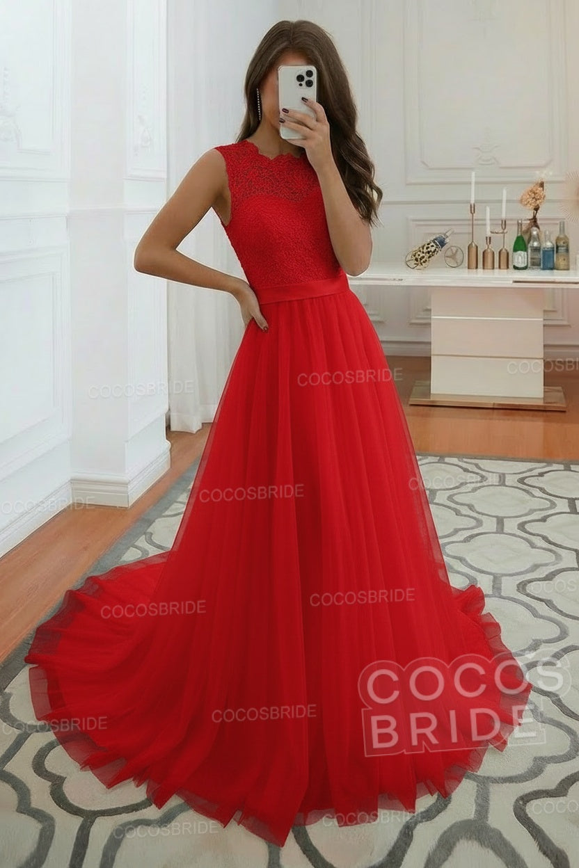 Elegant Long A-line Jewel Tulle Wedding Dress with Appliques Lace