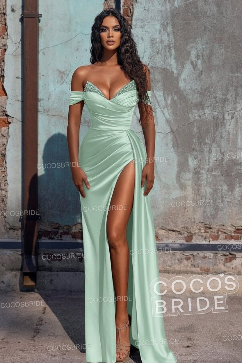 Sexy Long Off the Shoulder Deep V-neck Sequins Ruffles Prom Dress With Slit