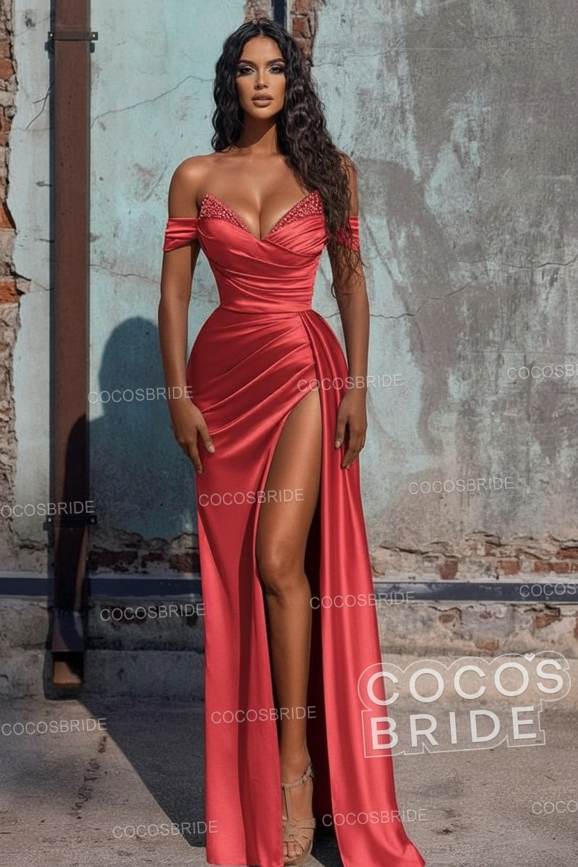 Sexy Long Off the Shoulder Deep V-neck Sequins Ruffles Prom Dress With Slit